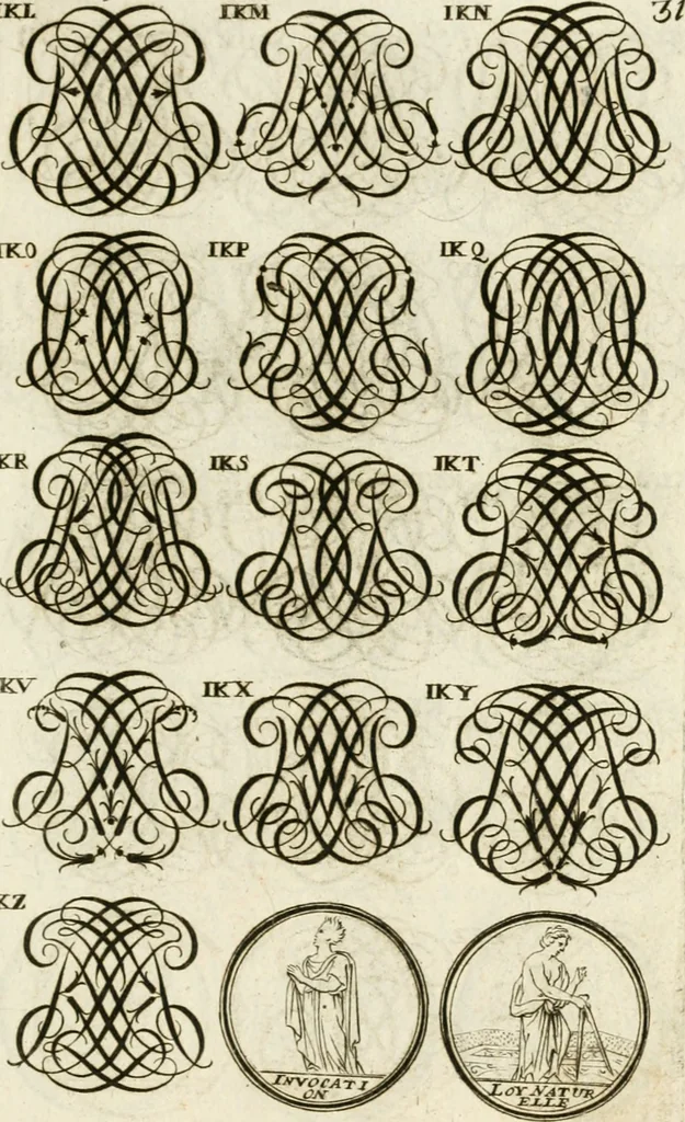 An illustration from Livre curieux et utile pour les sçavans et artistes : composé de trois alphabets de chiffres simples, doubles & triples, fleuronnez et au premier trait : accompagné d'un tres grand nombre de devises, emblêmes, médailles et autres figures hieroglyfiques : ensemble de plusieurs supports et cimiers pour les ornemens des armes : avec une table tres ample par le moyen de laquelle on trouvera facilement tous les noms imaginables, 1685, leaf 190