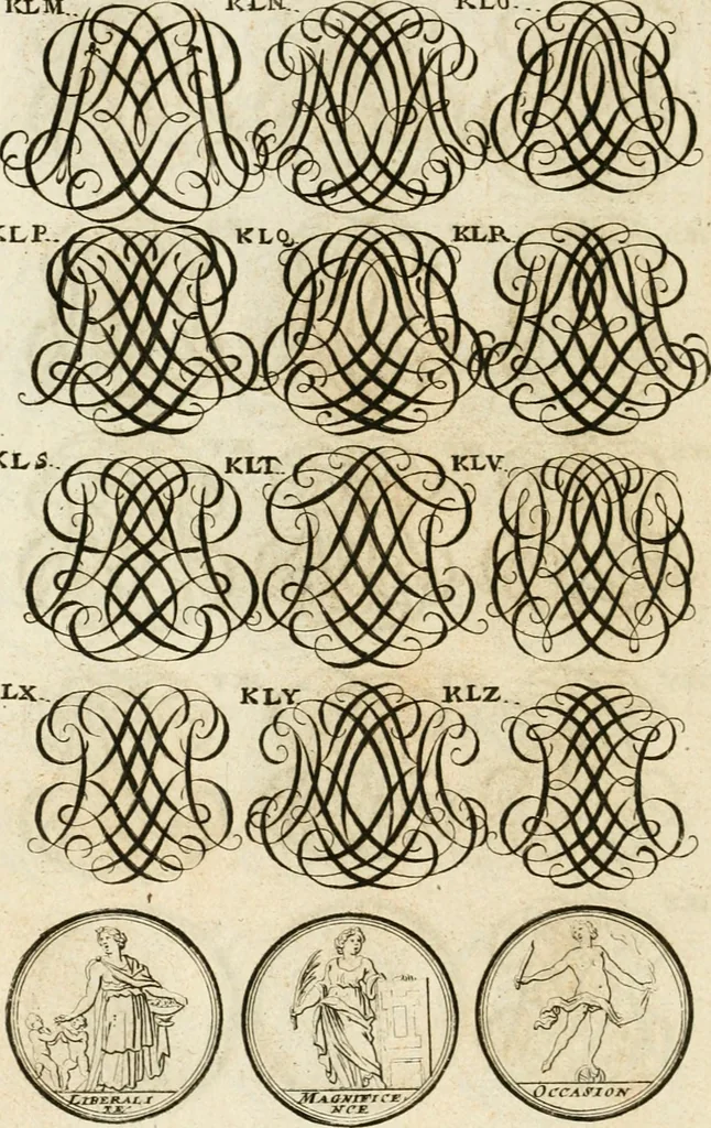 An illustration from Livre curieux et utile pour les sçavans et artistes : composé de trois alphabets de chiffres simples, doubles & triples, fleuronnez et au premier trait : accompagné d'un tres grand nombre de devises, emblêmes, médailles et autres figures hieroglyfiques : ensemble de plusieurs supports et cimiers pour les ornemens des armes : avec une table tres ample par le moyen de laquelle on trouvera facilement tous les noms imaginables, 1685, leaf 191