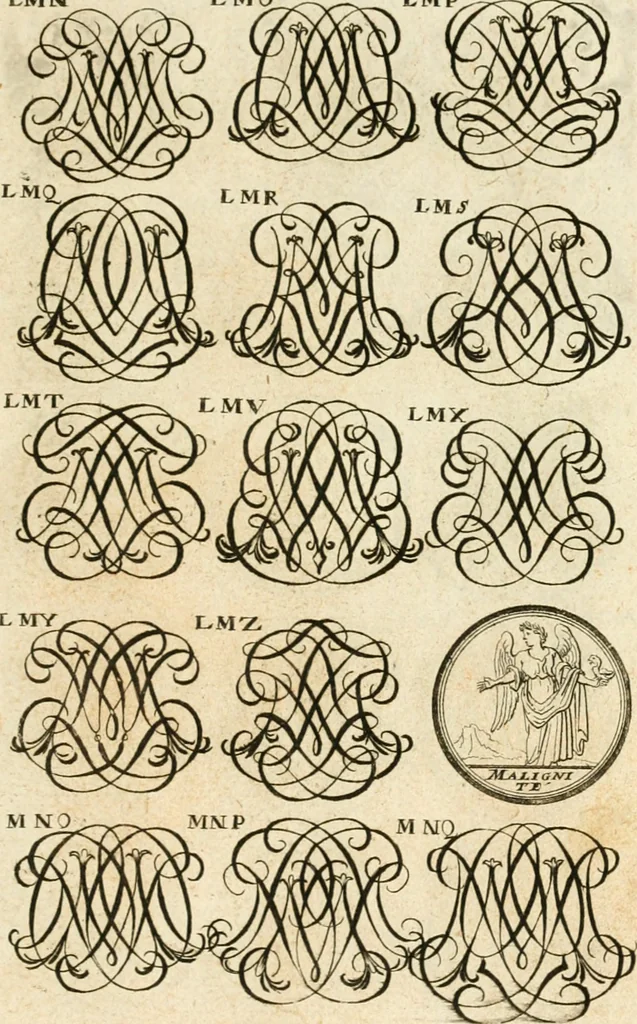 An illustration from Livre curieux et utile pour les sçavans et artistes : composé de trois alphabets de chiffres simples, doubles & triples, fleuronnez et au premier trait : accompagné d'un tres grand nombre de devises, emblêmes, médailles et autres figures hieroglyfiques : ensemble de plusieurs supports et cimiers pour les ornemens des armes : avec une table tres ample par le moyen de laquelle on trouvera facilement tous les noms imaginables, 1685, leaf 192