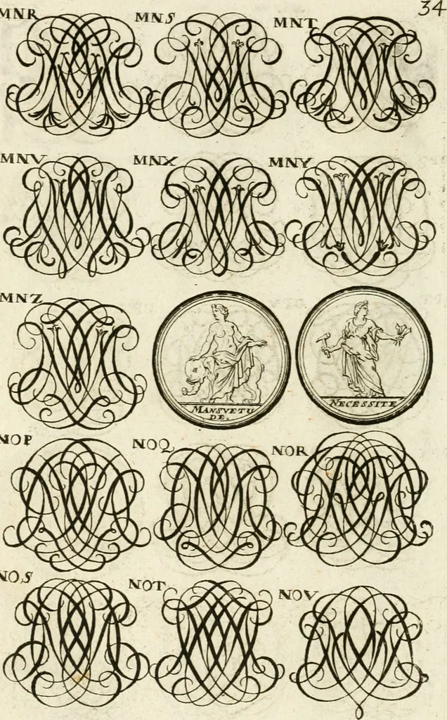 An illustration from Livre curieux et utile pour les sçavans et artistes : composé de trois alphabets de chiffres simples, doubles & triples, fleuronnez et au premier trait : accompagné d'un tres grand nombre de devises, emblêmes, médailles et autres figures hieroglyfiques : ensemble de plusieurs supports et cimiers pour les ornemens des armes : avec une table tres ample par le moyen de laquelle on trouvera facilement tous les noms imaginables, 1685, leaf 193