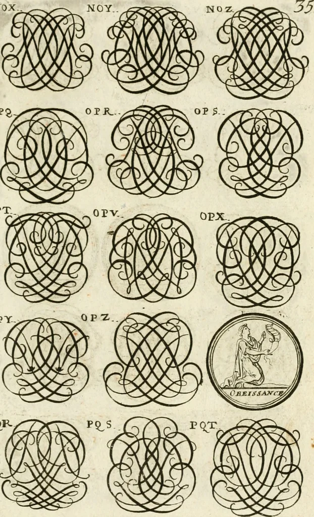 An illustration from Livre curieux et utile pour les sçavans et artistes : composé de trois alphabets de chiffres simples, doubles & triples, fleuronnez et au premier trait : accompagné d'un tres grand nombre de devises, emblêmes, médailles et autres figures hieroglyfiques : ensemble de plusieurs supports et cimiers pour les ornemens des armes : avec une table tres ample par le moyen de laquelle on trouvera facilement tous les noms imaginables, 1685, leaf 194