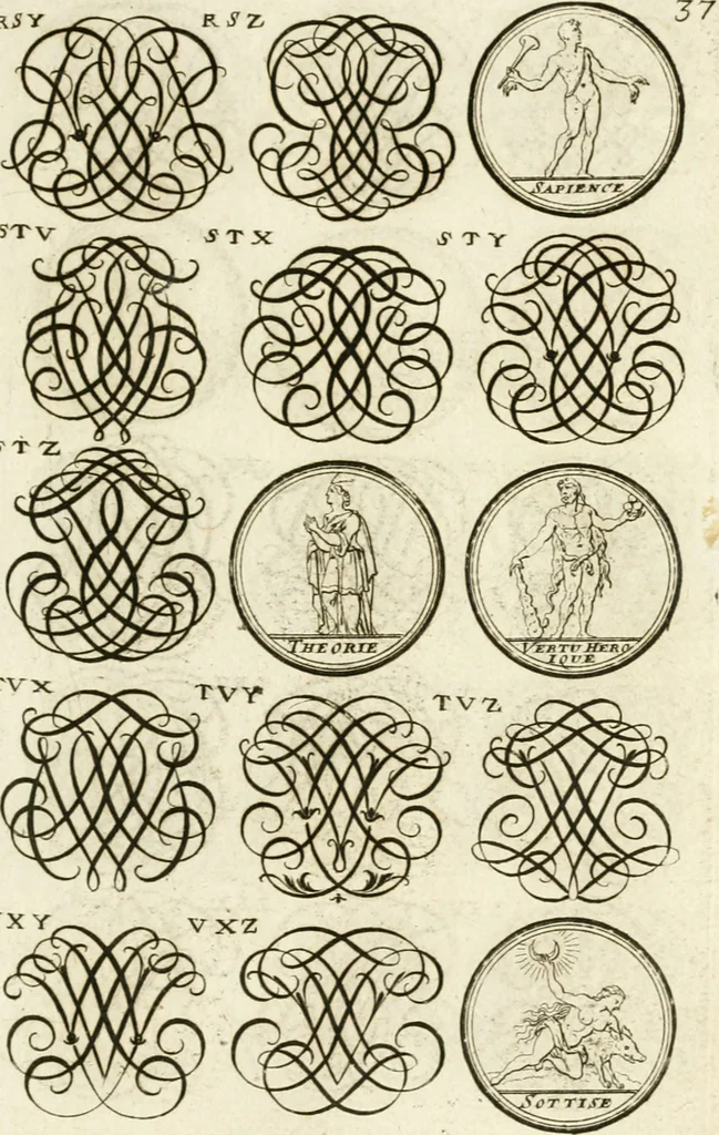An illustration from Livre curieux et utile pour les sçavans et artistes : composé de trois alphabets de chiffres simples, doubles & triples, fleuronnez et au premier trait : accompagné d'un tres grand nombre de devises, emblêmes, médailles et autres figures hieroglyfiques : ensemble de plusieurs supports et cimiers pour les ornemens des armes : avec une table tres ample par le moyen de laquelle on trouvera facilement tous les noms imaginables, 1685, leaf 196