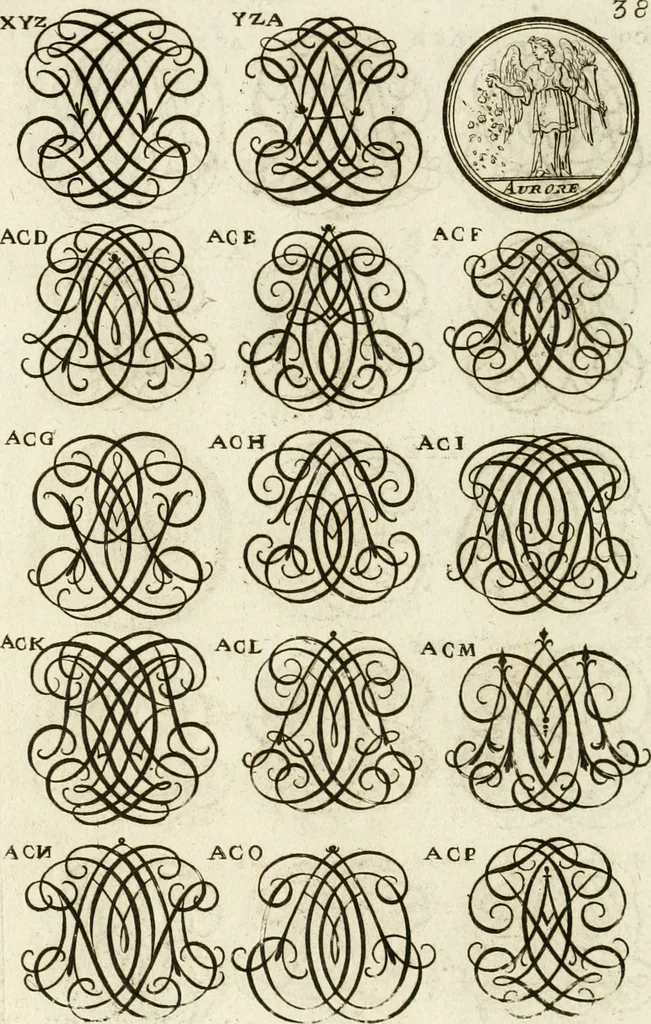 An illustration from Livre curieux et utile pour les sçavans et artistes : composé de trois alphabets de chiffres simples, doubles & triples, fleuronnez et au premier trait : accompagné d'un tres grand nombre de devises, emblêmes, médailles et autres figures hieroglyfiques : ensemble de plusieurs supports et cimiers pour les ornemens des armes : avec une table tres ample par le moyen de laquelle on trouvera facilement tous les noms imaginables, 1685, leaf 197