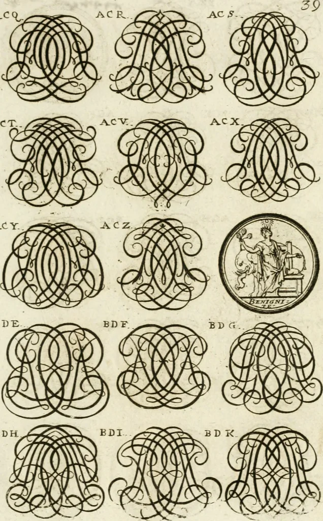 An illustration from Livre curieux et utile pour les sçavans et artistes : composé de trois alphabets de chiffres simples, doubles & triples, fleuronnez et au premier trait : accompagné d'un tres grand nombre de devises, emblêmes, médailles et autres figures hieroglyfiques : ensemble de plusieurs supports et cimiers pour les ornemens des armes : avec une table tres ample par le moyen de laquelle on trouvera facilement tous les noms imaginables, 1685, leaf 198