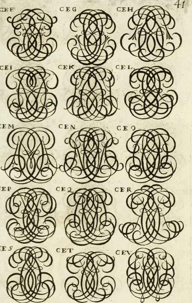 An illustration from Livre curieux et utile pour les sçavans et artistes : composé de trois alphabets de chiffres simples, doubles & triples, fleuronnez et au premier trait : accompagné d'un tres grand nombre de devises, emblêmes, médailles et autres figures hieroglyfiques : ensemble de plusieurs supports et cimiers pour les ornemens des armes : avec une table tres ample par le moyen de laquelle on trouvera facilement tous les noms imaginables, 1685, leaf 200