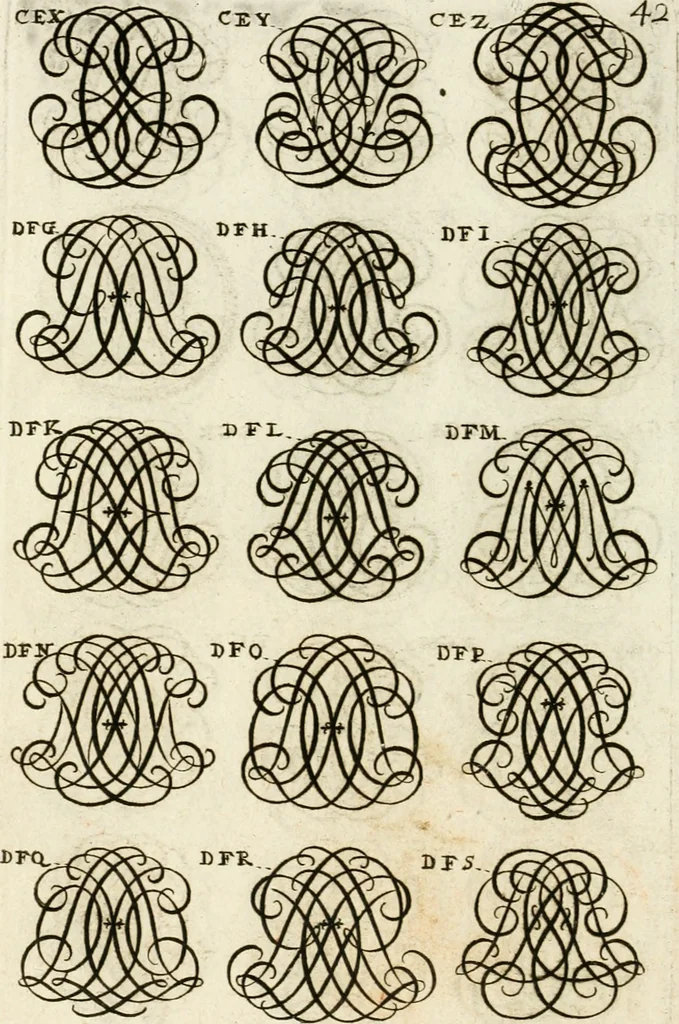 An illustration from Livre curieux et utile pour les sçavans et artistes : composé de trois alphabets de chiffres simples, doubles & triples, fleuronnez et au premier trait : accompagné d'un tres grand nombre de devises, emblêmes, médailles et autres figures hieroglyfiques : ensemble de plusieurs supports et cimiers pour les ornemens des armes : avec une table tres ample par le moyen de laquelle on trouvera facilement tous les noms imaginables, 1685, leaf 201
