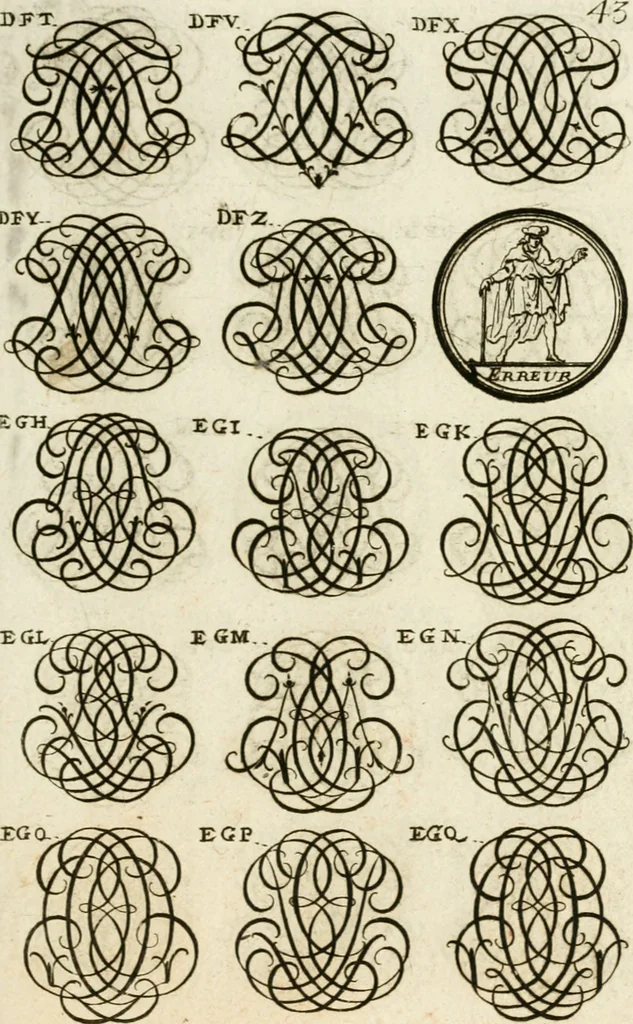 An illustration from Livre curieux et utile pour les sçavans et artistes : composé de trois alphabets de chiffres simples, doubles & triples, fleuronnez et au premier trait : accompagné d'un tres grand nombre de devises, emblêmes, médailles et autres figures hieroglyfiques : ensemble de plusieurs supports et cimiers pour les ornemens des armes : avec une table tres ample par le moyen de laquelle on trouvera facilement tous les noms imaginables, 1685, leaf 202