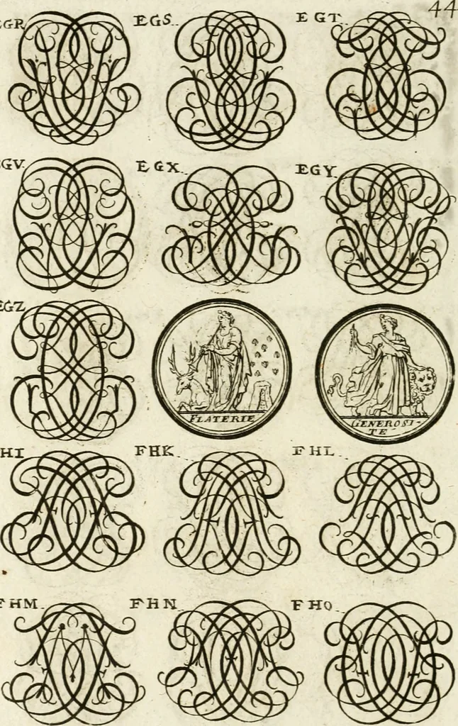 An illustration from Livre curieux et utile pour les sçavans et artistes : composé de trois alphabets de chiffres simples, doubles & triples, fleuronnez et au premier trait : accompagné d'un tres grand nombre de devises, emblêmes, médailles et autres figures hieroglyfiques : ensemble de plusieurs supports et cimiers pour les ornemens des armes : avec une table tres ample par le moyen de laquelle on trouvera facilement tous les noms imaginables, 1685, leaf 203