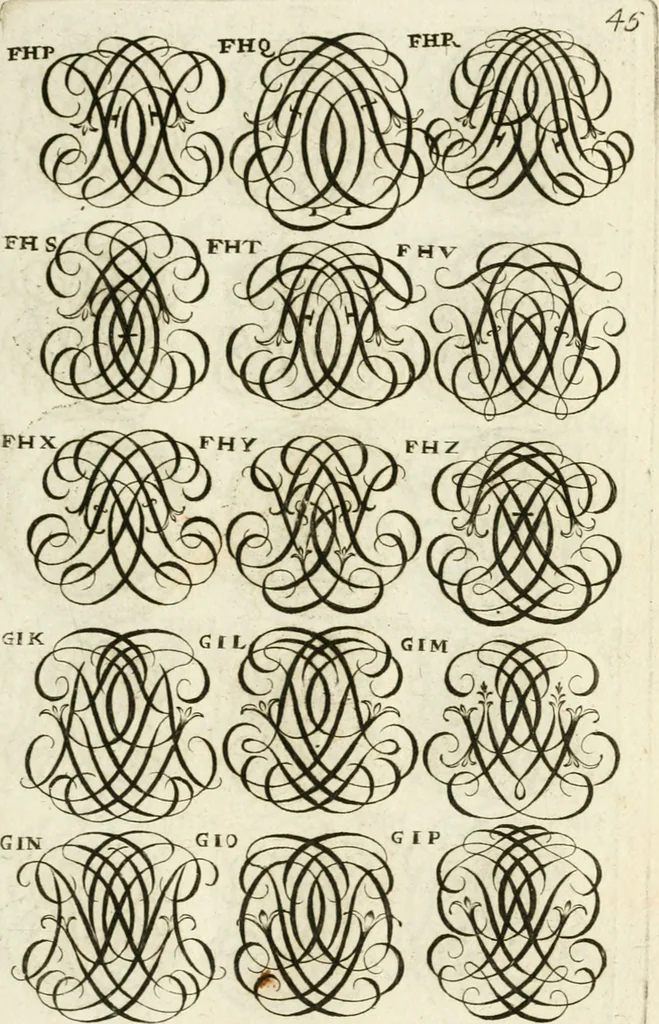 An illustration from Livre curieux et utile pour les sçavans et artistes : composé de trois alphabets de chiffres simples, doubles & triples, fleuronnez et au premier trait : accompagné d'un tres grand nombre de devises, emblêmes, médailles et autres figures hieroglyfiques : ensemble de plusieurs supports et cimiers pour les ornemens des armes : avec une table tres ample par le moyen de laquelle on trouvera facilement tous les noms imaginables, 1685, leaf 204