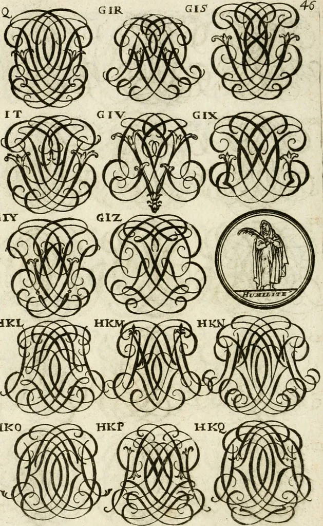An illustration from Livre curieux et utile pour les sçavans et artistes : composé de trois alphabets de chiffres simples, doubles & triples, fleuronnez et au premier trait : accompagné d'un tres grand nombre de devises, emblêmes, médailles et autres figures hieroglyfiques : ensemble de plusieurs supports et cimiers pour les ornemens des armes : avec une table tres ample par le moyen de laquelle on trouvera facilement tous les noms imaginables, 1685, leaf 205
