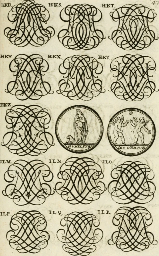 An illustration from Livre curieux et utile pour les sçavans et artistes : composé de trois alphabets de chiffres simples, doubles & triples, fleuronnez et au premier trait : accompagné d'un tres grand nombre de devises, emblêmes, médailles et autres figures hieroglyfiques : ensemble de plusieurs supports et cimiers pour les ornemens des armes : avec une table tres ample par le moyen de laquelle on trouvera facilement tous les noms imaginables, 1685, leaf 206