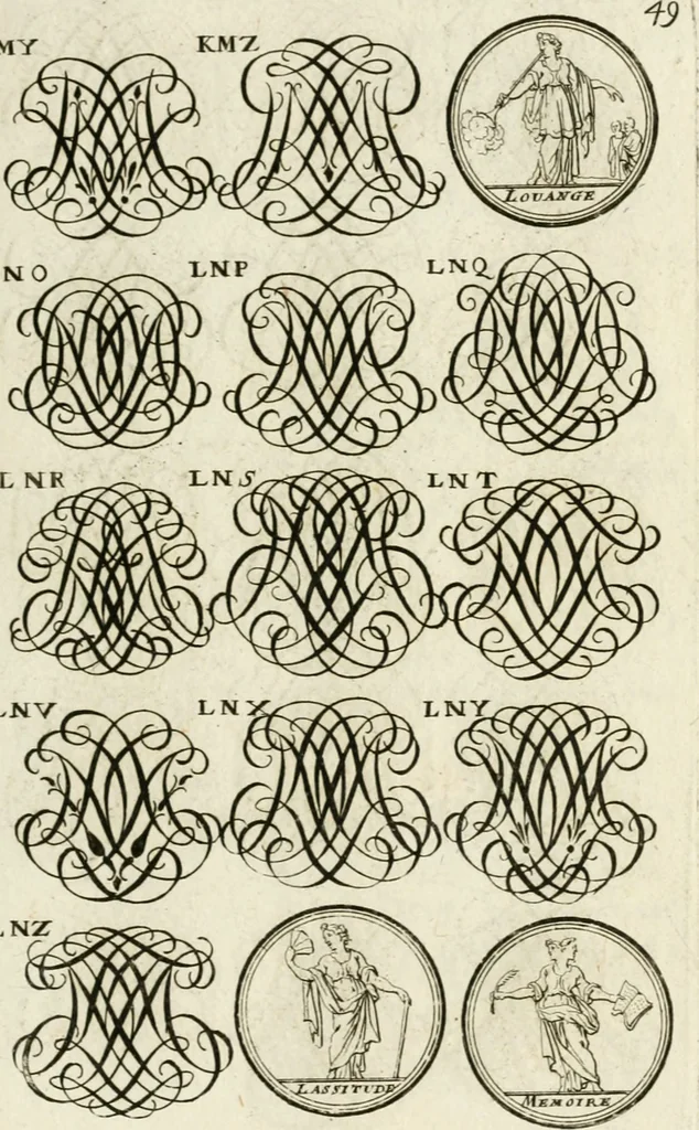 An illustration from Livre curieux et utile pour les sçavans et artistes : composé de trois alphabets de chiffres simples, doubles & triples, fleuronnez et au premier trait : accompagné d'un tres grand nombre de devises, emblêmes, médailles et autres figures hieroglyfiques : ensemble de plusieurs supports et cimiers pour les ornemens des armes : avec une table tres ample par le moyen de laquelle on trouvera facilement tous les noms imaginables, 1685, leaf 208