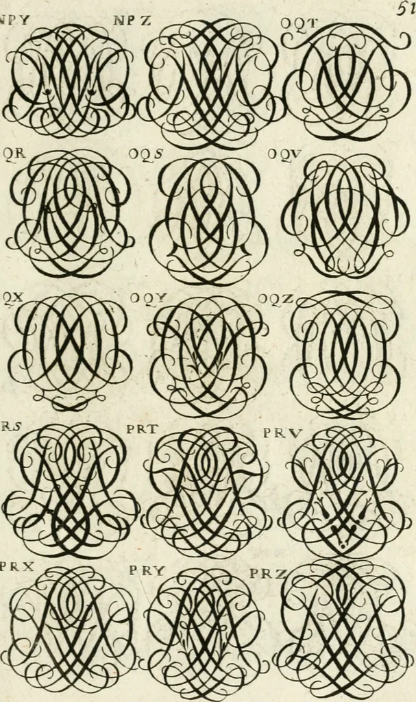 An illustration from Livre curieux et utile pour les sçavans et artistes : composé de trois alphabets de chiffres simples, doubles & triples, fleuronnez et au premier trait : accompagné d'un tres grand nombre de devises, emblêmes, médailles et autres figures hieroglyfiques : ensemble de plusieurs supports et cimiers pour les ornemens des armes : avec une table tres ample par le moyen de laquelle on trouvera facilement tous les noms imaginables, 1685, leaf 210