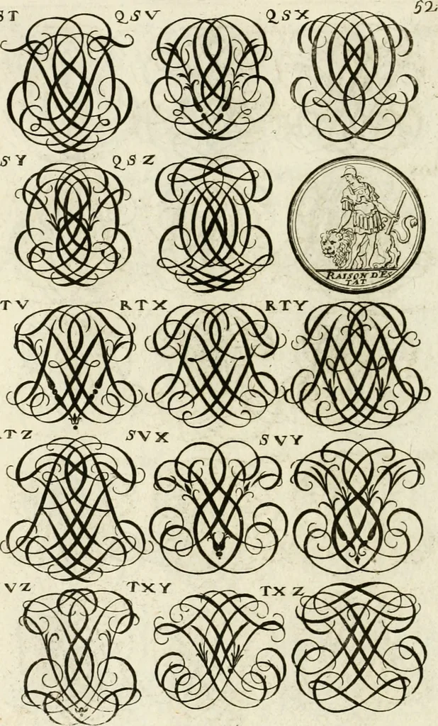 An illustration from Livre curieux et utile pour les sçavans et artistes : composé de trois alphabets de chiffres simples, doubles & triples, fleuronnez et au premier trait : accompagné d'un tres grand nombre de devises, emblêmes, médailles et autres figures hieroglyfiques : ensemble de plusieurs supports et cimiers pour les ornemens des armes : avec une table tres ample par le moyen de laquelle on trouvera facilement tous les noms imaginables, 1685, leaf 211