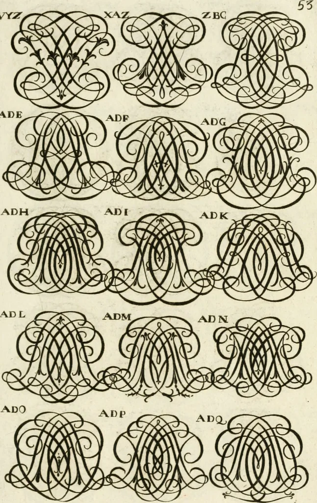 An illustration from Livre curieux et utile pour les sçavans et artistes : composé de trois alphabets de chiffres simples, doubles & triples, fleuronnez et au premier trait : accompagné d'un tres grand nombre de devises, emblêmes, médailles et autres figures hieroglyfiques : ensemble de plusieurs supports et cimiers pour les ornemens des armes : avec une table tres ample par le moyen de laquelle on trouvera facilement tous les noms imaginables, 1685, leaf 212