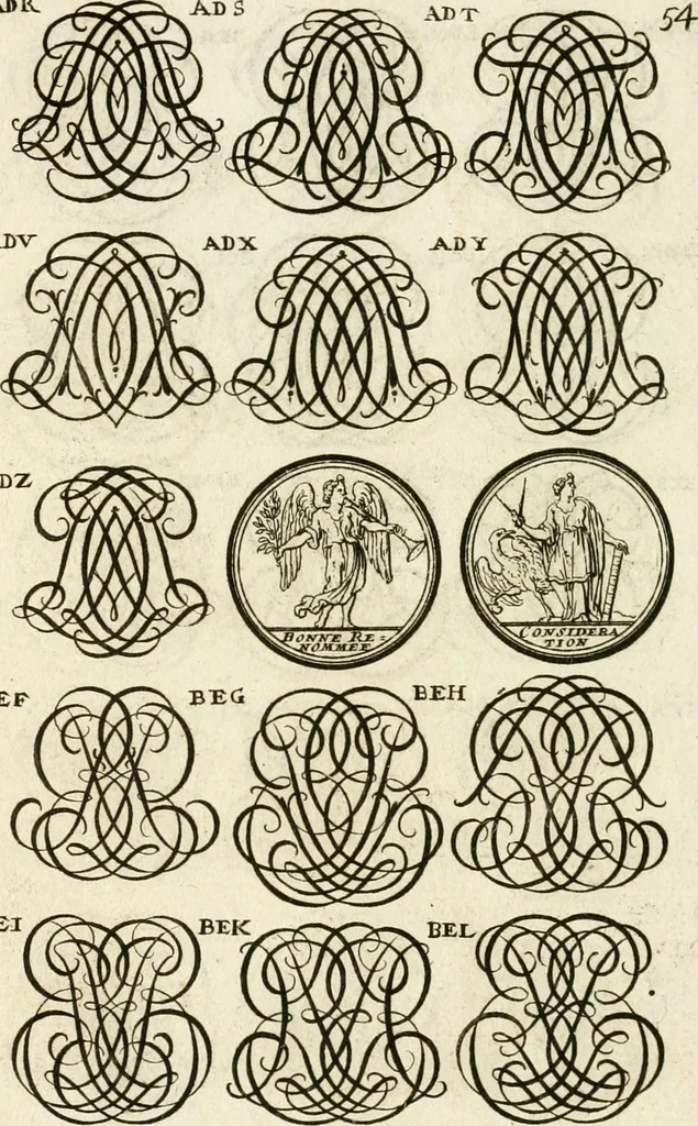 An illustration from Livre curieux et utile pour les sçavans et artistes : composé de trois alphabets de chiffres simples, doubles & triples, fleuronnez et au premier trait : accompagné d'un tres grand nombre de devises, emblêmes, médailles et autres figures hieroglyfiques : ensemble de plusieurs supports et cimiers pour les ornemens des armes : avec une table tres ample par le moyen de laquelle on trouvera facilement tous les noms imaginables, 1685, leaf 213