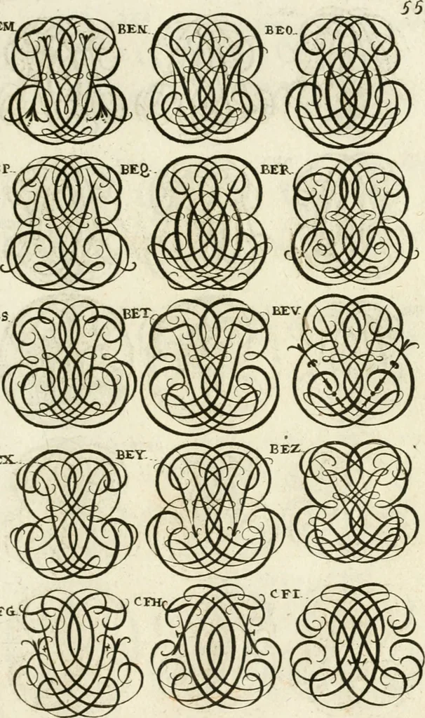 An illustration from Livre curieux et utile pour les sçavans et artistes : composé de trois alphabets de chiffres simples, doubles & triples, fleuronnez et au premier trait : accompagné d'un tres grand nombre de devises, emblêmes, médailles et autres figures hieroglyfiques : ensemble de plusieurs supports et cimiers pour les ornemens des armes : avec une table tres ample par le moyen de laquelle on trouvera facilement tous les noms imaginables, 1685, leaf 214