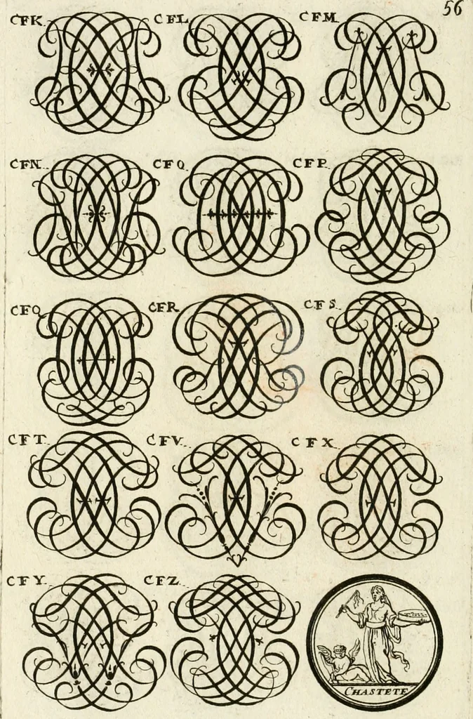 An illustration from Livre curieux et utile pour les sçavans et artistes : composé de trois alphabets de chiffres simples, doubles & triples, fleuronnez et au premier trait : accompagné d'un tres grand nombre de devises, emblêmes, médailles et autres figures hieroglyfiques : ensemble de plusieurs supports et cimiers pour les ornemens des armes : avec une table tres ample par le moyen de laquelle on trouvera facilement tous les noms imaginables, 1685, leaf 215