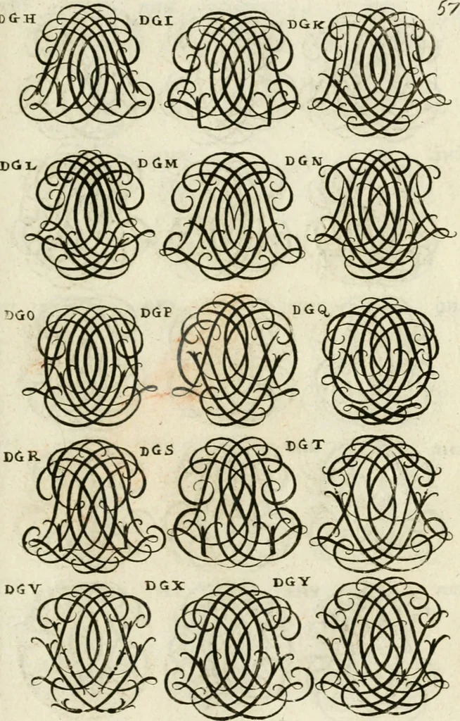 An illustration from Livre curieux et utile pour les sçavans et artistes : composé de trois alphabets de chiffres simples, doubles & triples, fleuronnez et au premier trait : accompagné d'un tres grand nombre de devises, emblêmes, médailles et autres figures hieroglyfiques : ensemble de plusieurs supports et cimiers pour les ornemens des armes : avec une table tres ample par le moyen de laquelle on trouvera facilement tous les noms imaginables, 1685, leaf 216