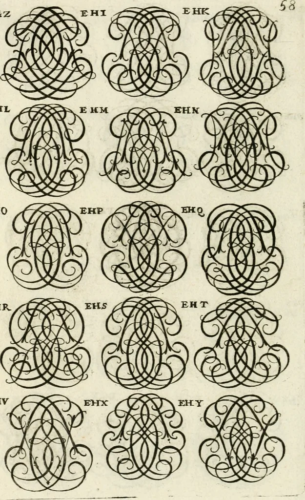 An illustration from Livre curieux et utile pour les sçavans et artistes : composé de trois alphabets de chiffres simples, doubles & triples, fleuronnez et au premier trait : accompagné d'un tres grand nombre de devises, emblêmes, médailles et autres figures hieroglyfiques : ensemble de plusieurs supports et cimiers pour les ornemens des armes : avec une table tres ample par le moyen de laquelle on trouvera facilement tous les noms imaginables, 1685, leaf 217