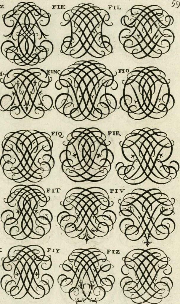 An illustration from Livre curieux et utile pour les sçavans et artistes : composé de trois alphabets de chiffres simples, doubles & triples, fleuronnez et au premier trait : accompagné d'un tres grand nombre de devises, emblêmes, médailles et autres figures hieroglyfiques : ensemble de plusieurs supports et cimiers pour les ornemens des armes : avec une table tres ample par le moyen de laquelle on trouvera facilement tous les noms imaginables, 1685, leaf 218