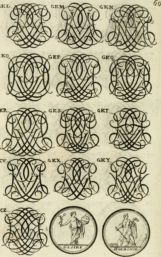 An illustration from Livre curieux et utile pour les sçavans et artistes : composé de trois alphabets de chiffres simples, doubles & triples, fleuronnez et au premier trait : accompagné d'un tres grand nombre de devises, emblêmes, médailles et autres figures hieroglyfiques : ensemble de plusieurs supports et cimiers pour les ornemens des armes : avec une table tres ample par le moyen de laquelle on trouvera facilement tous les noms imaginables, 1685, leaf 219
