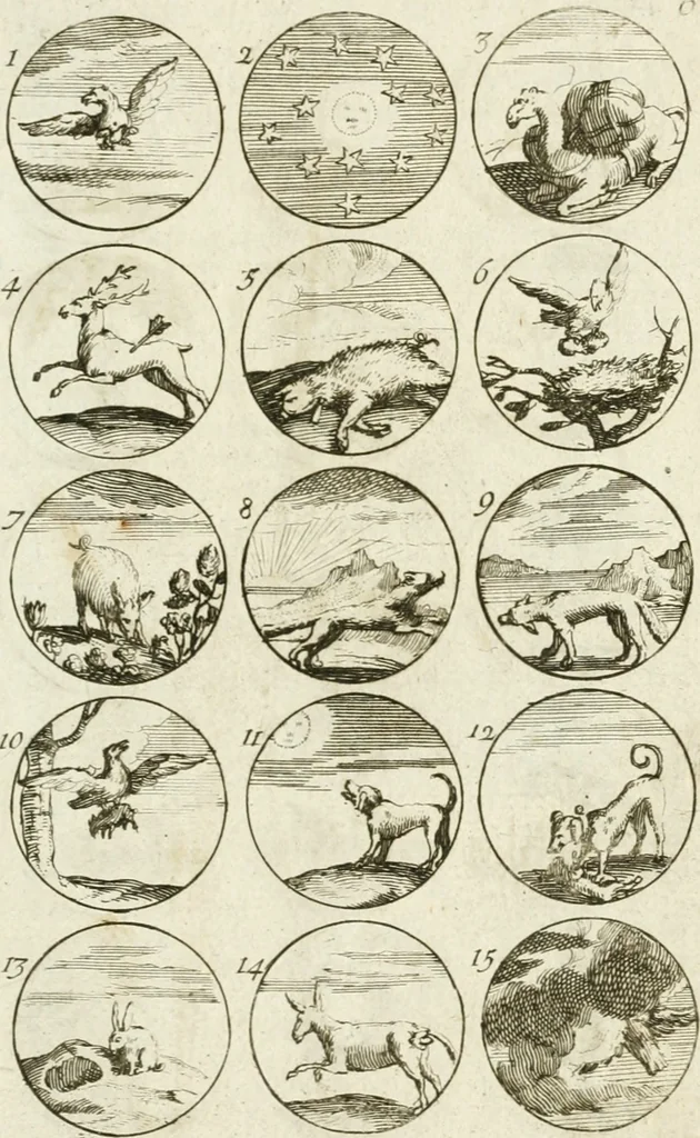 An illustration from Livre curieux et utile pour les sçavans et artistes : composé de trois alphabets de chiffres simples, doubles & triples, fleuronnez et au premier trait : accompagné d'un tres grand nombre de devises, emblêmes, médailles et autres figures hieroglyfiques : ensemble de plusieurs supports et cimiers pour les ornemens des armes : avec une table tres ample par le moyen de laquelle on trouvera facilement tous les noms imaginables, 1685, leaf 22