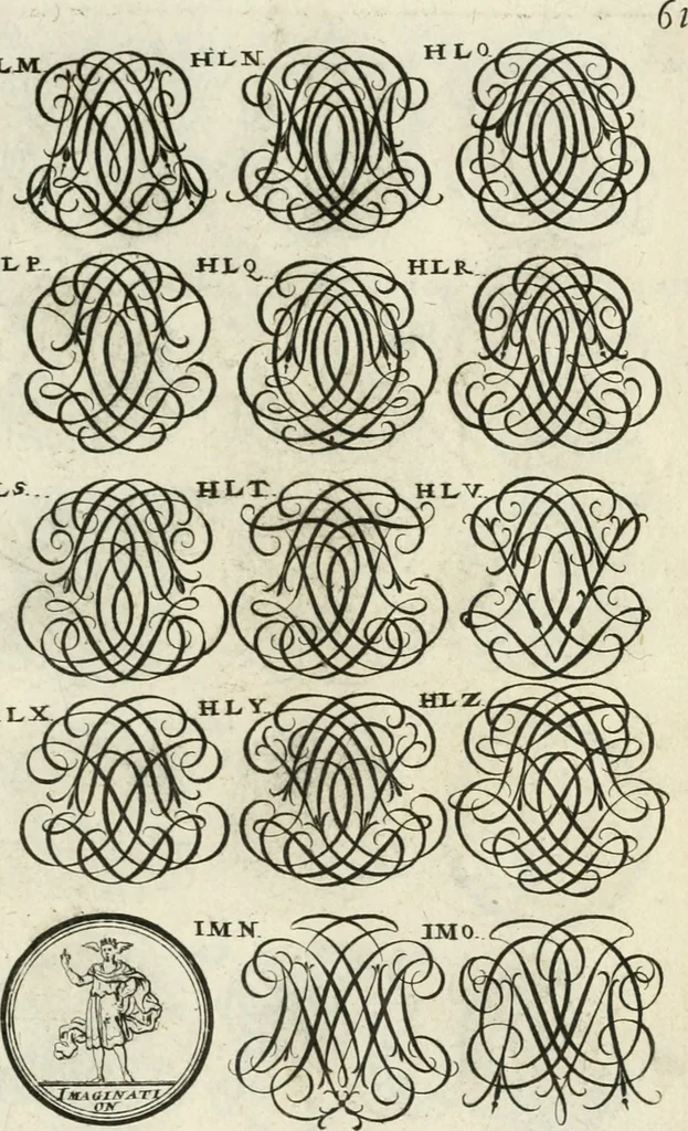 An illustration from Livre curieux et utile pour les sçavans et artistes : composé de trois alphabets de chiffres simples, doubles & triples, fleuronnez et au premier trait : accompagné d'un tres grand nombre de devises, emblêmes, médailles et autres figures hieroglyfiques : ensemble de plusieurs supports et cimiers pour les ornemens des armes : avec une table tres ample par le moyen de laquelle on trouvera facilement tous les noms imaginables, 1685, leaf 220