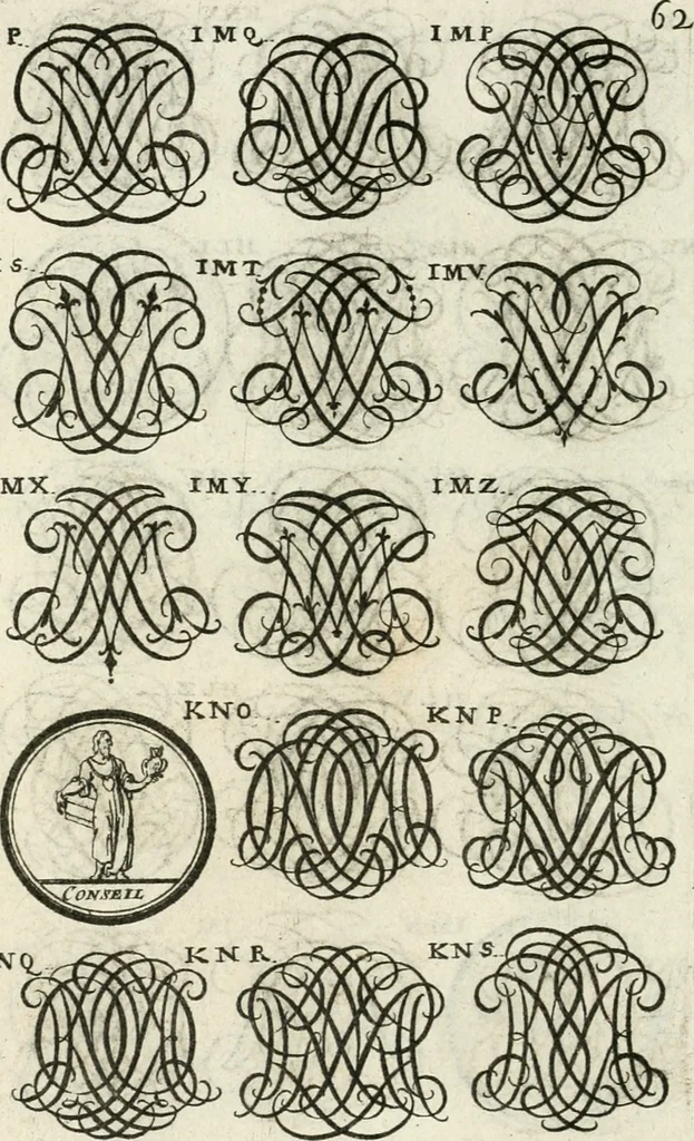 An illustration from Livre curieux et utile pour les sçavans et artistes : composé de trois alphabets de chiffres simples, doubles & triples, fleuronnez et au premier trait : accompagné d'un tres grand nombre de devises, emblêmes, médailles et autres figures hieroglyfiques : ensemble de plusieurs supports et cimiers pour les ornemens des armes : avec une table tres ample par le moyen de laquelle on trouvera facilement tous les noms imaginables, 1685, leaf 221