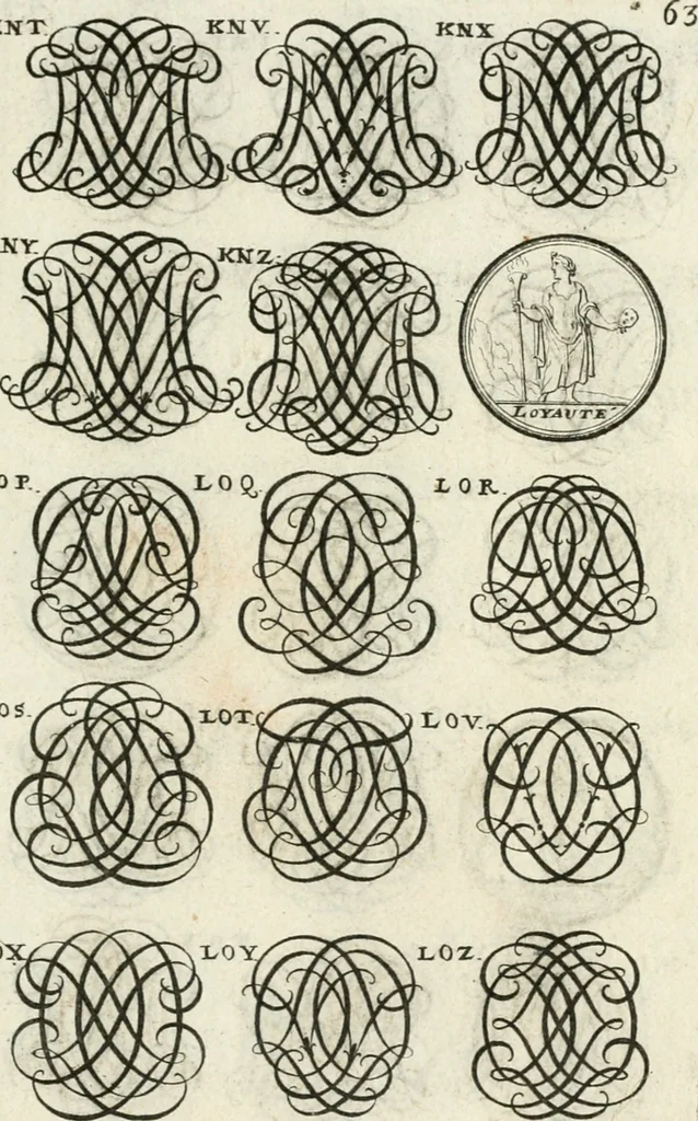 An illustration from Livre curieux et utile pour les sçavans et artistes : composé de trois alphabets de chiffres simples, doubles & triples, fleuronnez et au premier trait : accompagné d'un tres grand nombre de devises, emblêmes, médailles et autres figures hieroglyfiques : ensemble de plusieurs supports et cimiers pour les ornemens des armes : avec une table tres ample par le moyen de laquelle on trouvera facilement tous les noms imaginables, 1685, leaf 222