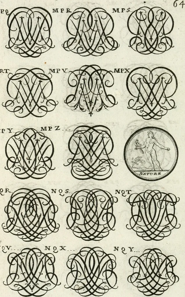 An illustration from Livre curieux et utile pour les sçavans et artistes : composé de trois alphabets de chiffres simples, doubles & triples, fleuronnez et au premier trait : accompagné d'un tres grand nombre de devises, emblêmes, médailles et autres figures hieroglyfiques : ensemble de plusieurs supports et cimiers pour les ornemens des armes : avec une table tres ample par le moyen de laquelle on trouvera facilement tous les noms imaginables, 1685, leaf 223