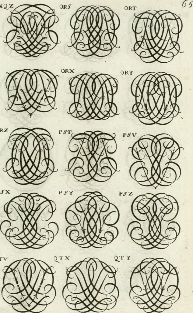 An illustration from Livre curieux et utile pour les sçavans et artistes : composé de trois alphabets de chiffres simples, doubles & triples, fleuronnez et au premier trait : accompagné d'un tres grand nombre de devises, emblêmes, médailles et autres figures hieroglyfiques : ensemble de plusieurs supports et cimiers pour les ornemens des armes : avec une table tres ample par le moyen de laquelle on trouvera facilement tous les noms imaginables, 1685, leaf 224