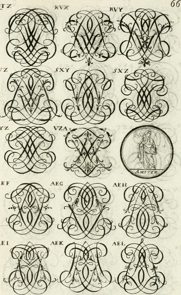 An illustration from Livre curieux et utile pour les sçavans et artistes : composé de trois alphabets de chiffres simples, doubles & triples, fleuronnez et au premier trait : accompagné d'un tres grand nombre de devises, emblêmes, médailles et autres figures hieroglyfiques : ensemble de plusieurs supports et cimiers pour les ornemens des armes : avec une table tres ample par le moyen de laquelle on trouvera facilement tous les noms imaginables, 1685, leaf 225