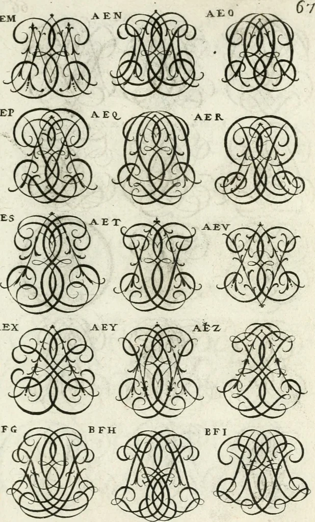 An illustration from Livre curieux et utile pour les sçavans et artistes : composé de trois alphabets de chiffres simples, doubles & triples, fleuronnez et au premier trait : accompagné d'un tres grand nombre de devises, emblêmes, médailles et autres figures hieroglyfiques : ensemble de plusieurs supports et cimiers pour les ornemens des armes : avec une table tres ample par le moyen de laquelle on trouvera facilement tous les noms imaginables, 1685, leaf 226