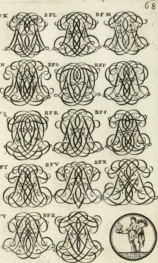 An illustration from Livre curieux et utile pour les sçavans et artistes : composé de trois alphabets de chiffres simples, doubles & triples, fleuronnez et au premier trait : accompagné d'un tres grand nombre de devises, emblêmes, médailles et autres figures hieroglyfiques : ensemble de plusieurs supports et cimiers pour les ornemens des armes : avec une table tres ample par le moyen de laquelle on trouvera facilement tous les noms imaginables, 1685, leaf 227