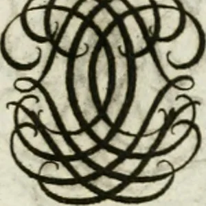 An illustration from Livre curieux et utile pour les sçavans et artistes : composé de trois alphabets de chiffres simples, doubles & triples, fleuronnez et au premier trait : accompagné d'un tres grand nombre de devises, emblêmes, médailles et autres figures hieroglyfiques : ensemble de plusieurs supports et cimiers pour les ornemens des armes : avec une table tres ample par le moyen de laquelle on trouvera facilement tous les noms imaginables, 1685, leaf 228