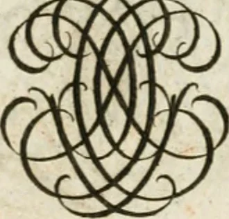 An illustration from Livre curieux et utile pour les sçavans et artistes : composé de trois alphabets de chiffres simples, doubles & triples, fleuronnez et au premier trait : accompagné d'un tres grand nombre de devises, emblêmes, médailles et autres figures hieroglyfiques : ensemble de plusieurs supports et cimiers pour les ornemens des armes : avec une table tres ample par le moyen de laquelle on trouvera facilement tous les noms imaginables, 1685, leaf 228
