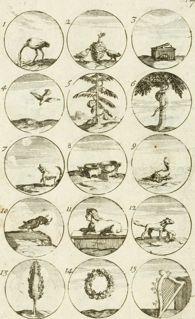 An illustration from Livre curieux et utile pour les sçavans et artistes : composé de trois alphabets de chiffres simples, doubles & triples, fleuronnez et au premier trait : accompagné d'un tres grand nombre de devises, emblêmes, médailles et autres figures hieroglyfiques : ensemble de plusieurs supports et cimiers pour les ornemens des armes : avec une table tres ample par le moyen de laquelle on trouvera facilement tous les noms imaginables, 1685, leaf 23