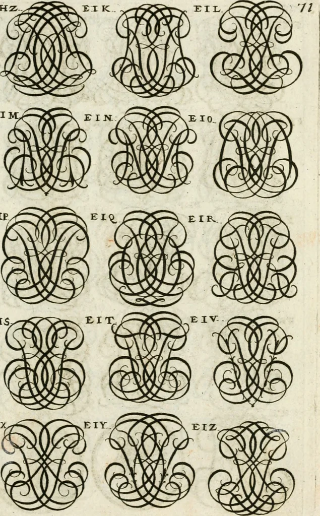 An illustration from Livre curieux et utile pour les sçavans et artistes : composé de trois alphabets de chiffres simples, doubles & triples, fleuronnez et au premier trait : accompagné d'un tres grand nombre de devises, emblêmes, médailles et autres figures hieroglyfiques : ensemble de plusieurs supports et cimiers pour les ornemens des armes : avec une table tres ample par le moyen de laquelle on trouvera facilement tous les noms imaginables, 1685, leaf 230
