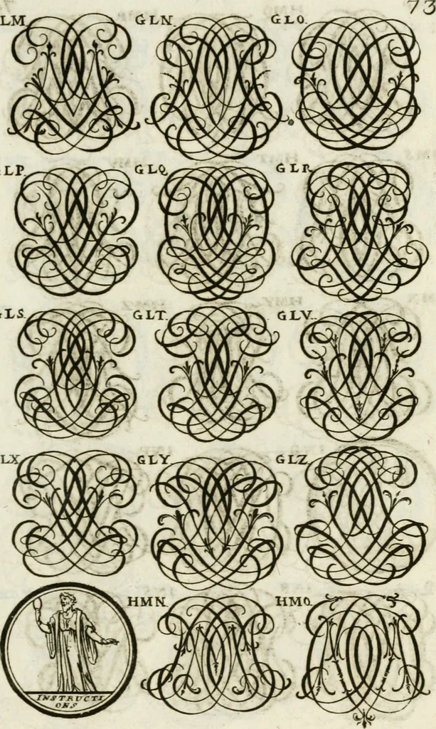 An illustration from Livre curieux et utile pour les sçavans et artistes : composé de trois alphabets de chiffres simples, doubles & triples, fleuronnez et au premier trait : accompagné d'un tres grand nombre de devises, emblêmes, médailles et autres figures hieroglyfiques : ensemble de plusieurs supports et cimiers pour les ornemens des armes : avec une table tres ample par le moyen de laquelle on trouvera facilement tous les noms imaginables, 1685, leaf 232
