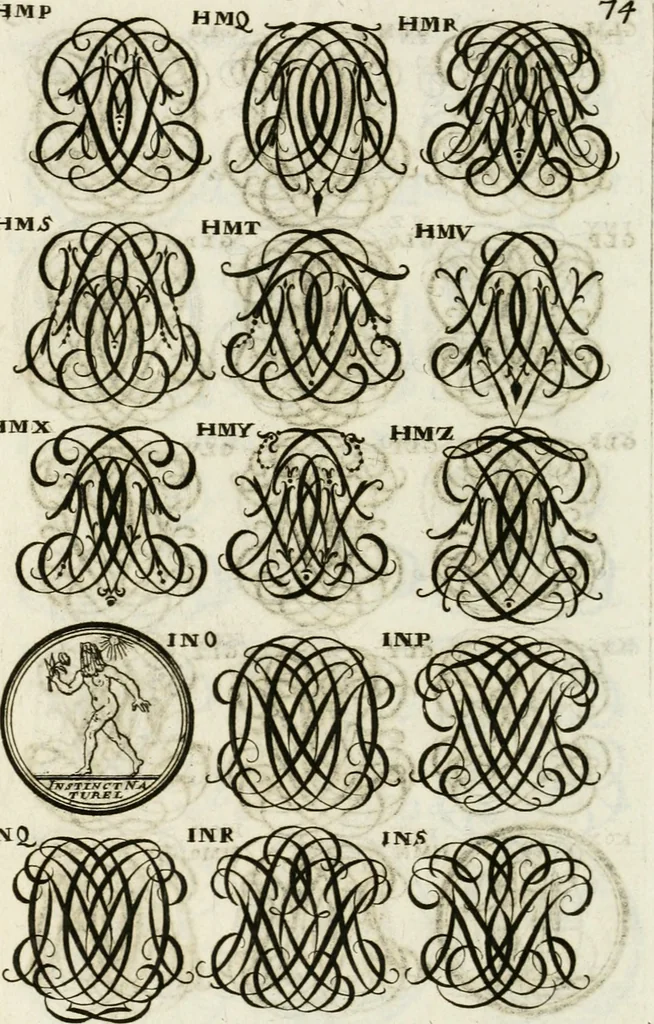 An illustration from Livre curieux et utile pour les sçavans et artistes : composé de trois alphabets de chiffres simples, doubles & triples, fleuronnez et au premier trait : accompagné d'un tres grand nombre de devises, emblêmes, médailles et autres figures hieroglyfiques : ensemble de plusieurs supports et cimiers pour les ornemens des armes : avec une table tres ample par le moyen de laquelle on trouvera facilement tous les noms imaginables, 1685, leaf 233