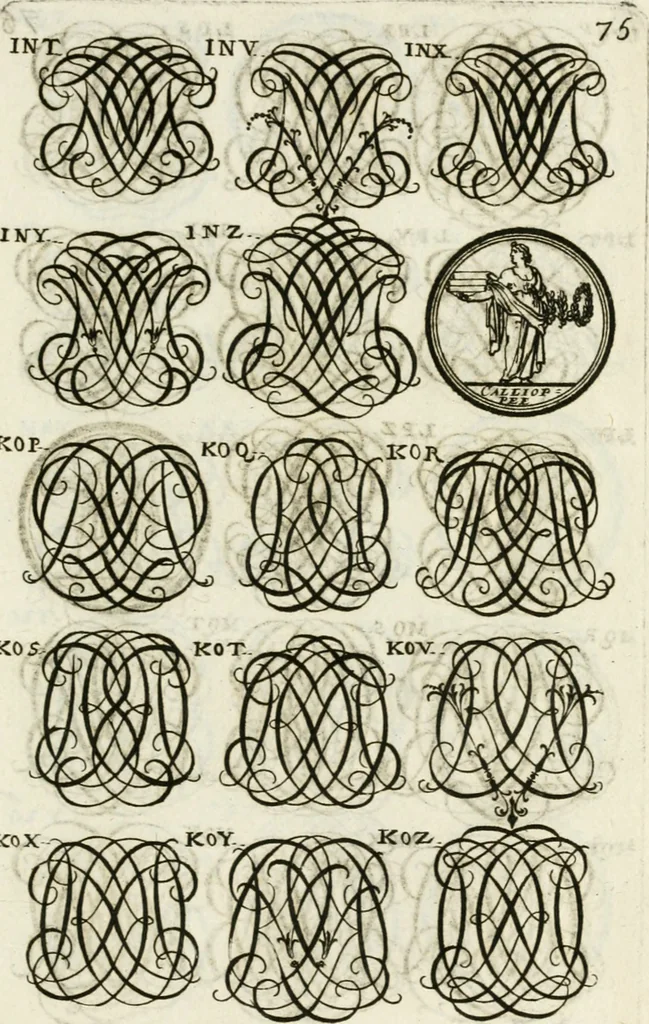 An illustration from Livre curieux et utile pour les sçavans et artistes : composé de trois alphabets de chiffres simples, doubles & triples, fleuronnez et au premier trait : accompagné d'un tres grand nombre de devises, emblêmes, médailles et autres figures hieroglyfiques : ensemble de plusieurs supports et cimiers pour les ornemens des armes : avec une table tres ample par le moyen de laquelle on trouvera facilement tous les noms imaginables, 1685, leaf 234