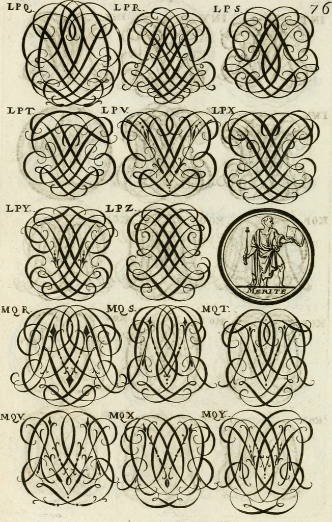 An illustration from Livre curieux et utile pour les sçavans et artistes : composé de trois alphabets de chiffres simples, doubles & triples, fleuronnez et au premier trait : accompagné d'un tres grand nombre de devises, emblêmes, médailles et autres figures hieroglyfiques : ensemble de plusieurs supports et cimiers pour les ornemens des armes : avec une table tres ample par le moyen de laquelle on trouvera facilement tous les noms imaginables, 1685, leaf 235