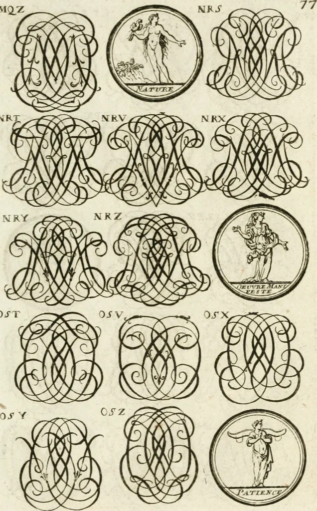 An illustration from Livre curieux et utile pour les sçavans et artistes : composé de trois alphabets de chiffres simples, doubles & triples, fleuronnez et au premier trait : accompagné d'un tres grand nombre de devises, emblêmes, médailles et autres figures hieroglyfiques : ensemble de plusieurs supports et cimiers pour les ornemens des armes : avec une table tres ample par le moyen de laquelle on trouvera facilement tous les noms imaginables, 1685, leaf 236