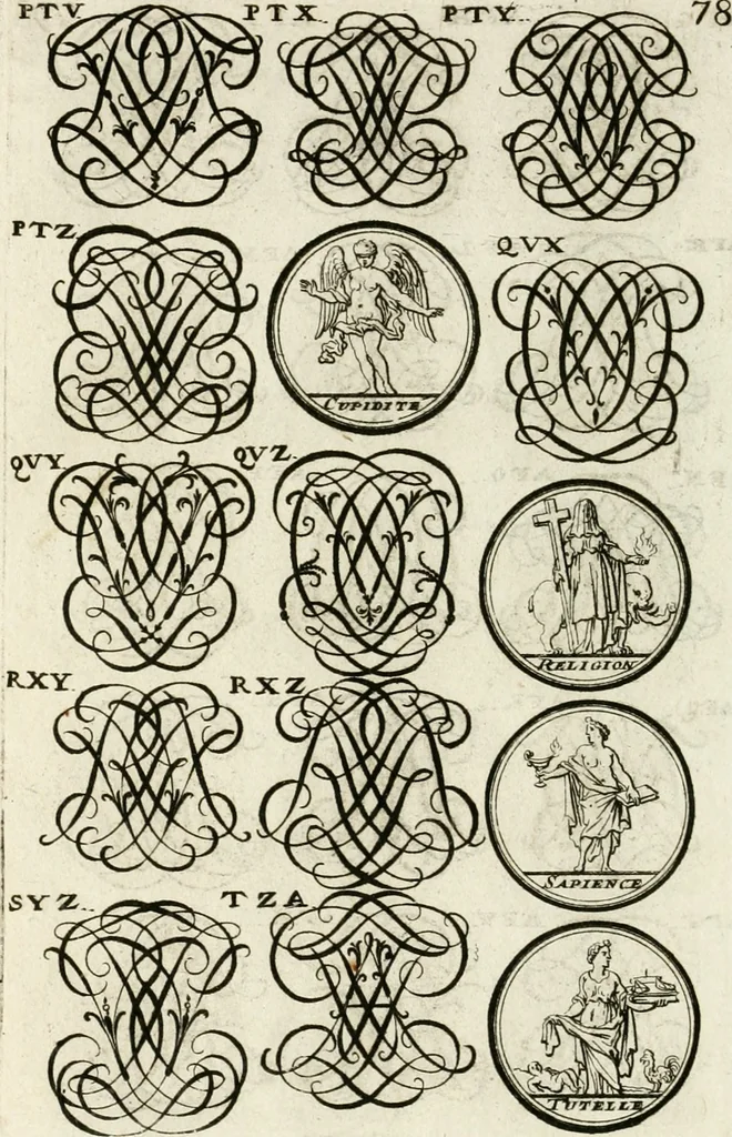 An illustration from Livre curieux et utile pour les sçavans et artistes : composé de trois alphabets de chiffres simples, doubles & triples, fleuronnez et au premier trait : accompagné d'un tres grand nombre de devises, emblêmes, médailles et autres figures hieroglyfiques : ensemble de plusieurs supports et cimiers pour les ornemens des armes : avec une table tres ample par le moyen de laquelle on trouvera facilement tous les noms imaginables, 1685, leaf 237