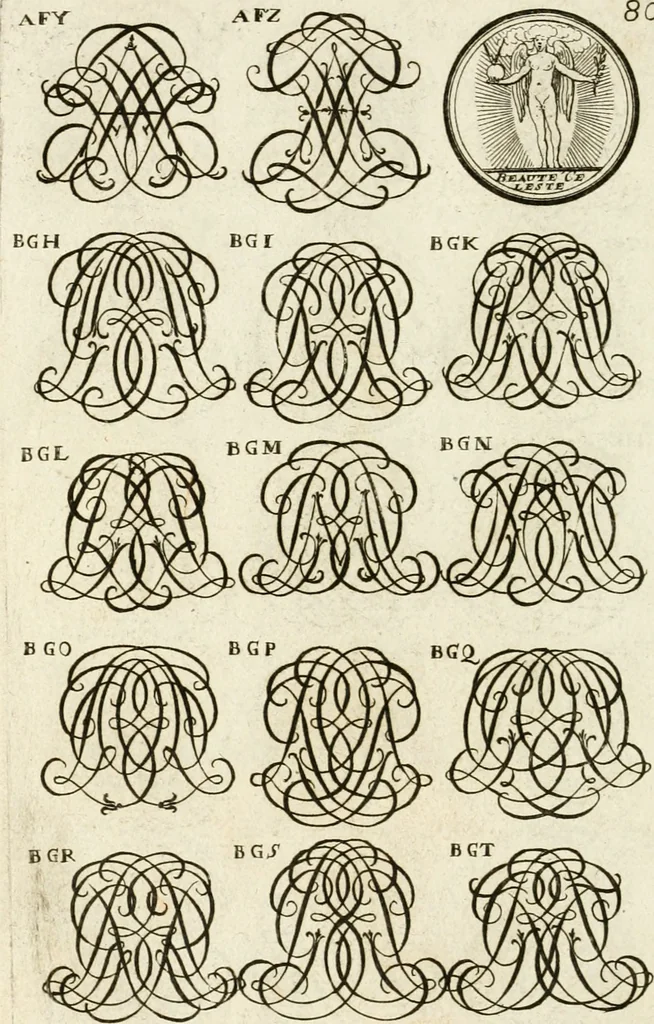 An illustration from Livre curieux et utile pour les sçavans et artistes : composé de trois alphabets de chiffres simples, doubles & triples, fleuronnez et au premier trait : accompagné d'un tres grand nombre de devises, emblêmes, médailles et autres figures hieroglyfiques : ensemble de plusieurs supports et cimiers pour les ornemens des armes : avec une table tres ample par le moyen de laquelle on trouvera facilement tous les noms imaginables, 1685, leaf 239