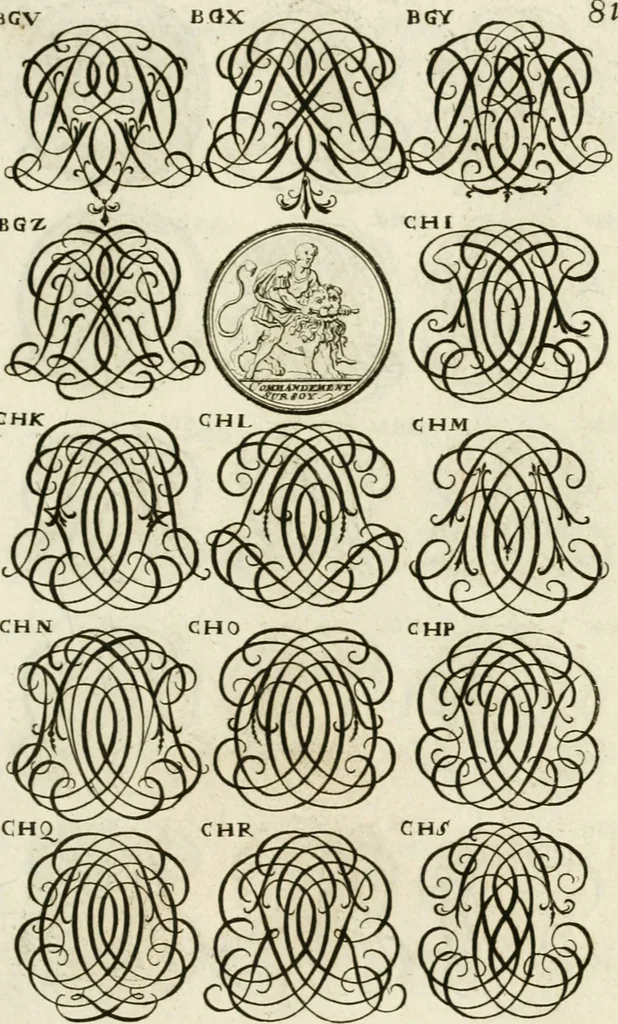 An illustration from Livre curieux et utile pour les sçavans et artistes : composé de trois alphabets de chiffres simples, doubles & triples, fleuronnez et au premier trait : accompagné d'un tres grand nombre de devises, emblêmes, médailles et autres figures hieroglyfiques : ensemble de plusieurs supports et cimiers pour les ornemens des armes : avec une table tres ample par le moyen de laquelle on trouvera facilement tous les noms imaginables, 1685, leaf 240