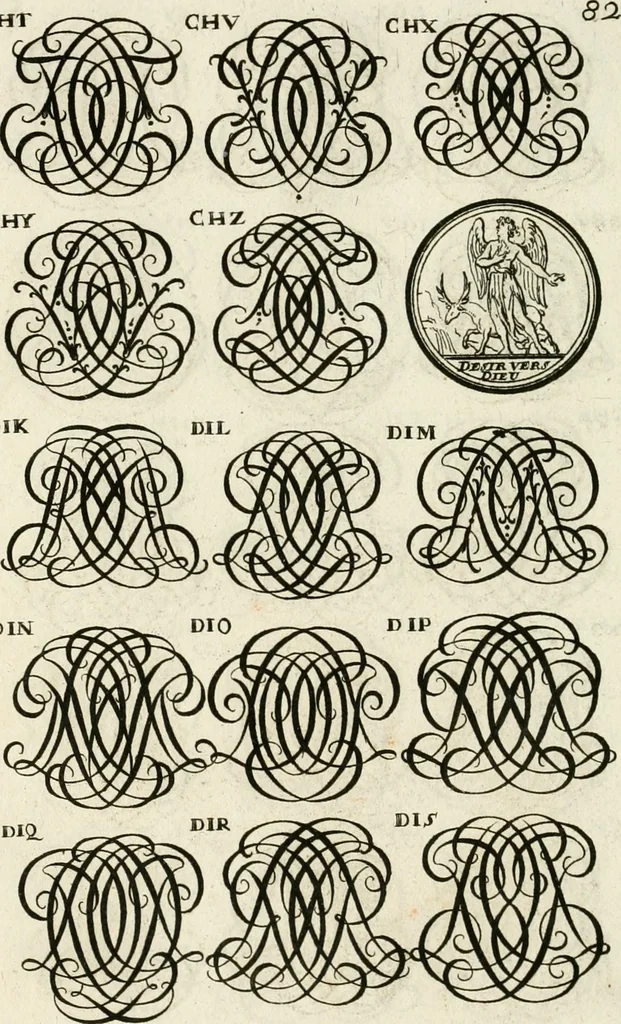 An illustration from Livre curieux et utile pour les sçavans et artistes : composé de trois alphabets de chiffres simples, doubles & triples, fleuronnez et au premier trait : accompagné d'un tres grand nombre de devises, emblêmes, médailles et autres figures hieroglyfiques : ensemble de plusieurs supports et cimiers pour les ornemens des armes : avec une table tres ample par le moyen de laquelle on trouvera facilement tous les noms imaginables, 1685, leaf 241