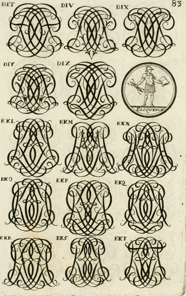 An illustration from Livre curieux et utile pour les sçavans et artistes : composé de trois alphabets de chiffres simples, doubles & triples, fleuronnez et au premier trait : accompagné d'un tres grand nombre de devises, emblêmes, médailles et autres figures hieroglyfiques : ensemble de plusieurs supports et cimiers pour les ornemens des armes : avec une table tres ample par le moyen de laquelle on trouvera facilement tous les noms imaginables, 1685, leaf 242