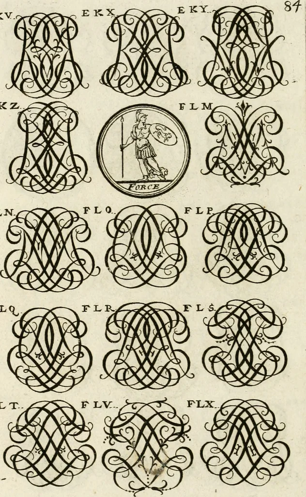 An illustration from Livre curieux et utile pour les sçavans et artistes : composé de trois alphabets de chiffres simples, doubles & triples, fleuronnez et au premier trait : accompagné d'un tres grand nombre de devises, emblêmes, médailles et autres figures hieroglyfiques : ensemble de plusieurs supports et cimiers pour les ornemens des armes : avec une table tres ample par le moyen de laquelle on trouvera facilement tous les noms imaginables, 1685, leaf 243